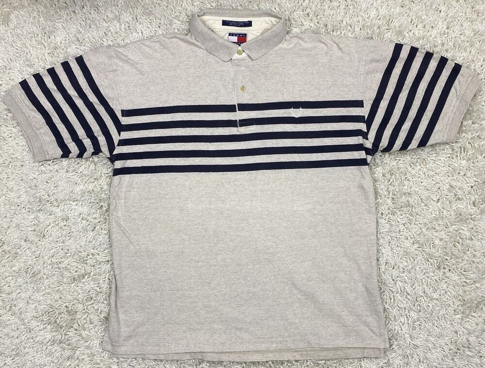 Vintage Tommy Hilfiger Crest Polo Shirt Men's XL Gray Navy Stripe Linen Blend